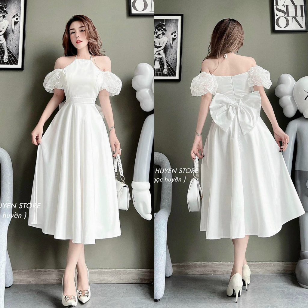 Đầm dự tiệc trắng tinh khôi họa tiết cổ yếm phối tay ren kết nơ phía sau siêu xinh xắn, sang trọng dành cho các nàng