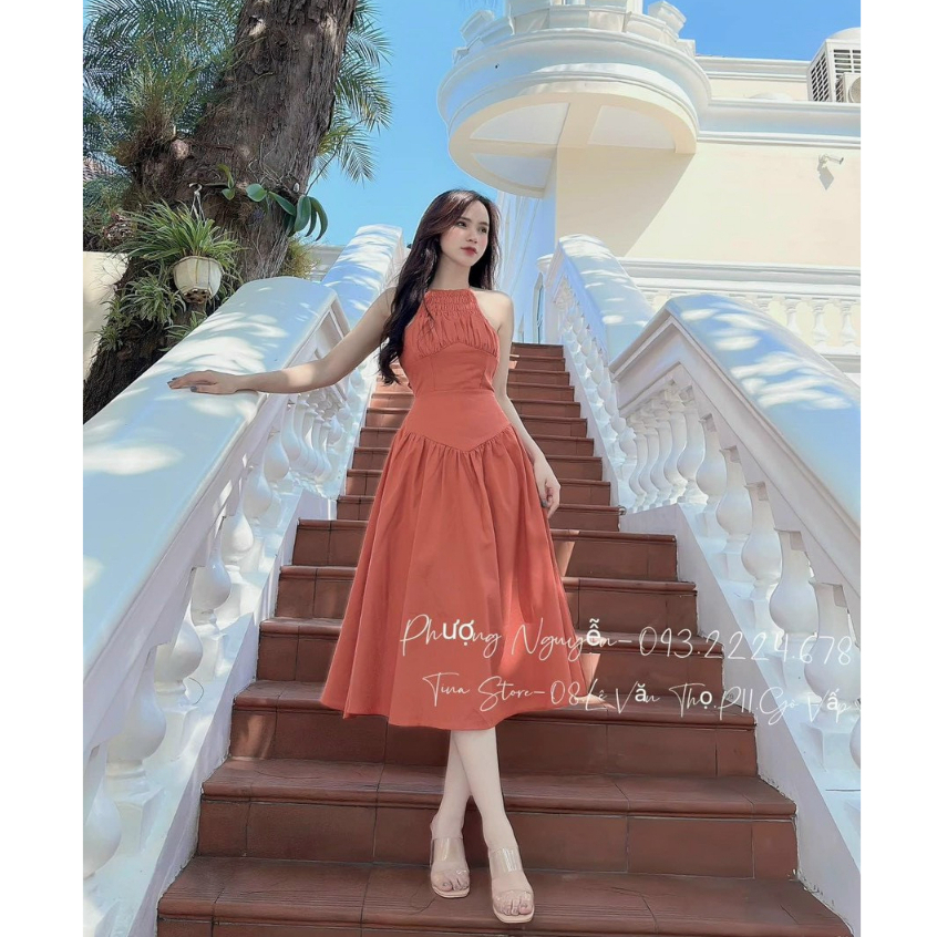 Đầm váy nữ cổ yếm họa tiết 2 màu phối lưng đan dây quyến dũ sang chảnh   duyên dáng cá tính đi biển