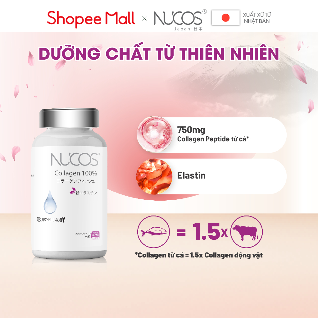 Viên uống collagen chống lão hóa cấp ẩm Nucos Collagen 100% 90 viên