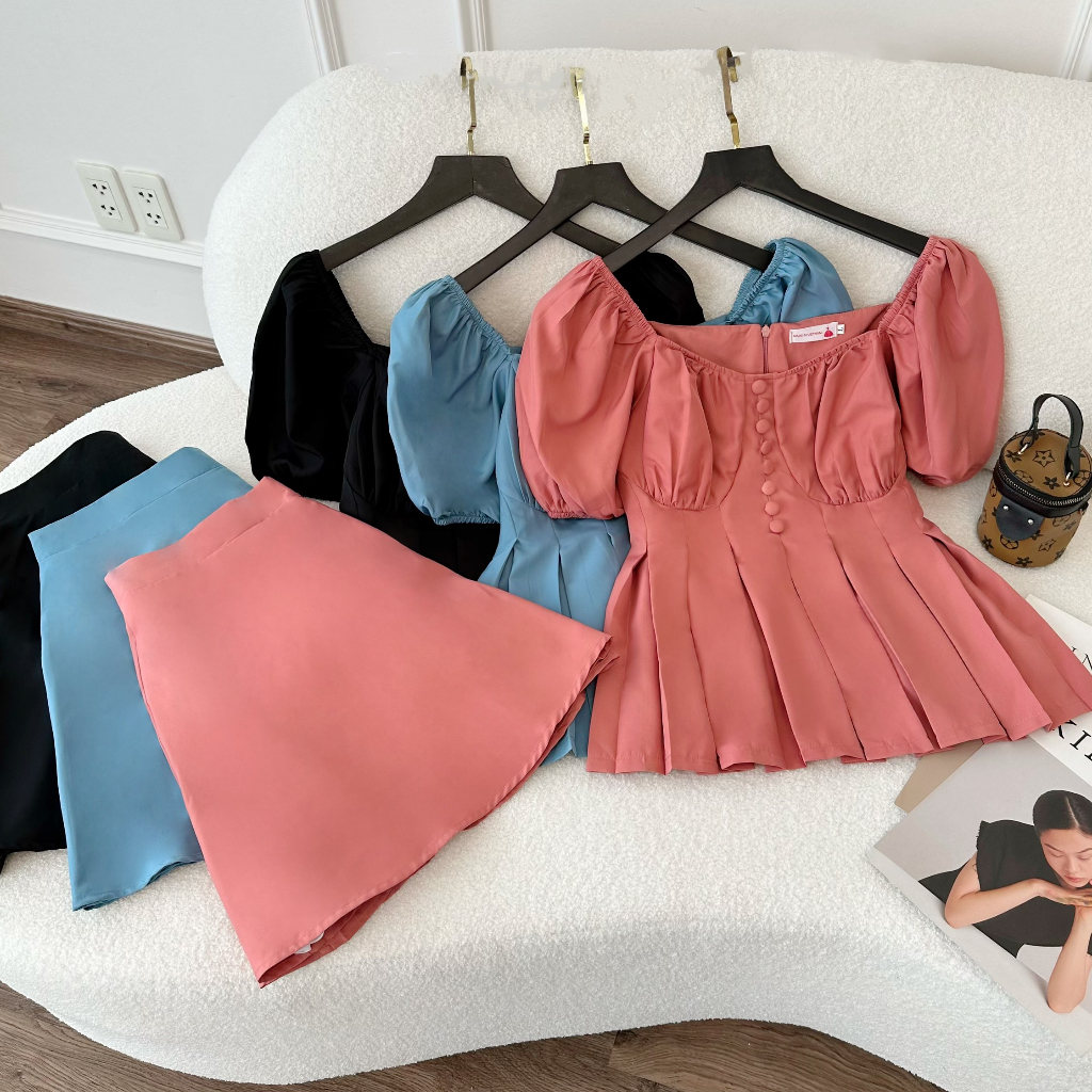 Set Bigsize, Set Bộ Nút Bọc Cổ Vuông Xếp Ly Ngực + Quần Váy, Thuynguyenbigsize chuyên size từ 50-90kg