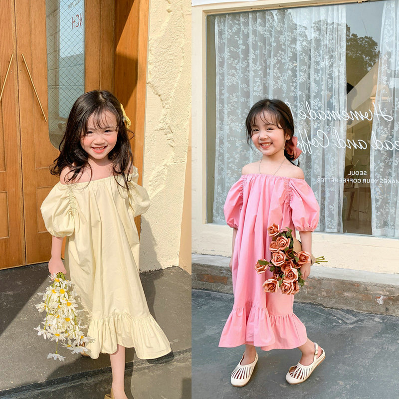 Đầm váy bé gái trễ vai Annie Baby dáng suông đuôi cá tay phồng tiểu thư cao cấp cho trẻ em 3 4 5 6 7 8 tuổi VA23005