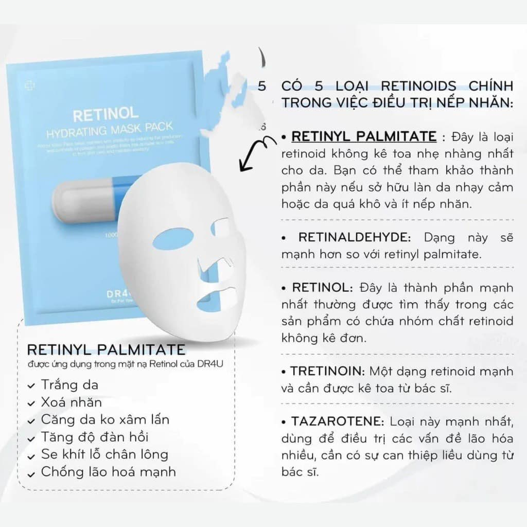 Mặt Nạ Dr4U Retinol & Glutathione xóa nhăn, sáng da, đều màu - full hộp