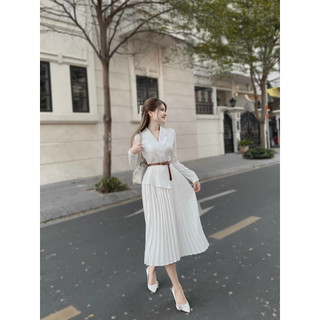 " Váy đầm nữ dáng xòe tiểu thư đi tiệc ,đi làm đi chơi sang chảnh, đầm nữ áo cổ vét cchaan váy xòe dập ly