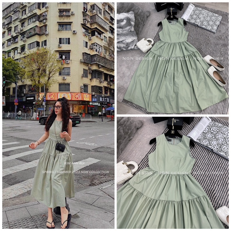 Váy maxi ba lỗ màu xanh mint pastel
