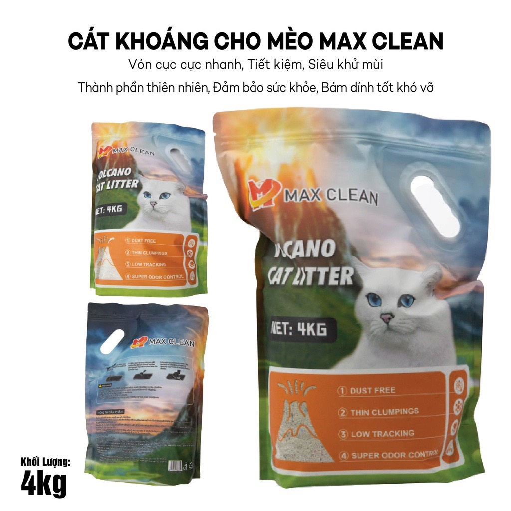 Cát vệ sinh, cát khoáng dùng cho khay vệ sinh, máy vệ sinh cho mèo 4Kg siêu vón không bụi - Max Clean