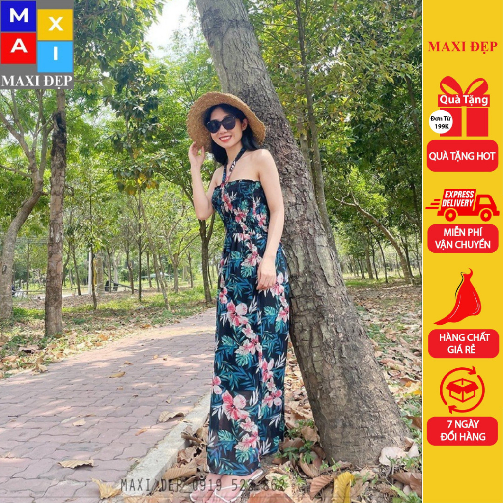 Đầm Maxi Cúp Ngực Dây Nơ Cổ Hoa Hồng Nền Đen Freesize - Voan Mềm Mát Thướt Tha Dạo Biển