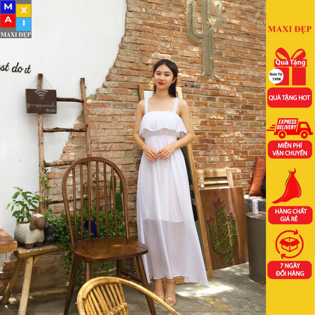 Đầm Maxi 2 Dây Nhún Bèo Màu Trắng Tinh Khôi Cho Nàng Full Size Hàng Maxi Đẹp Thiết Kế