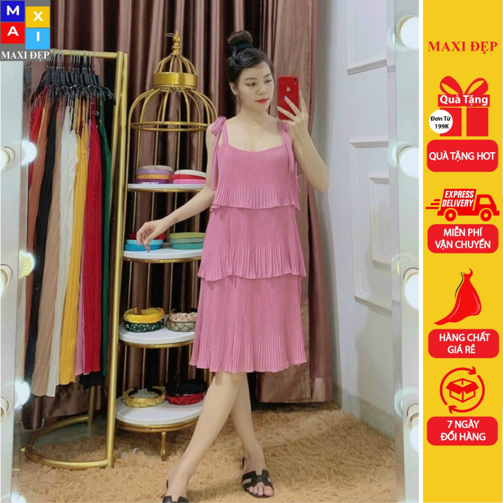 Váy Maxi Voan Dập Li 3 Tầng Màu Hồng Cho Hè Mát Dịu Dễ Thương