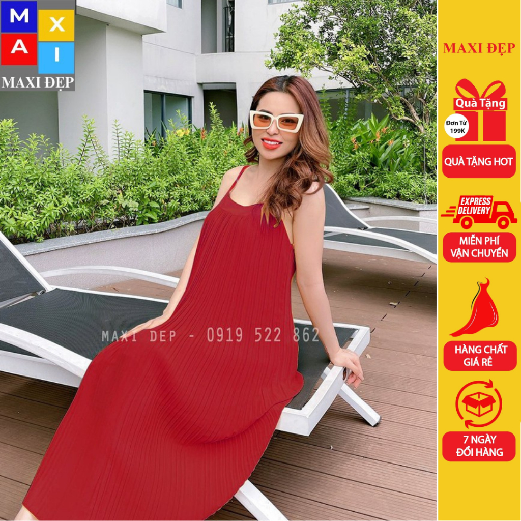 Maxi 2 Dây Voan Dập Ly 2 Lớp Cao Cấp Freesize Dáng Dài Màu Đỏ