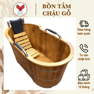 Bồn tắm gỗ Pơmu bo viền có tay vịn ⚡ HÀNG ĐẸP ⚡ Bồn tắm dài hình ovan, bồn tắm ngâm thảo dược thư giãn xả stress