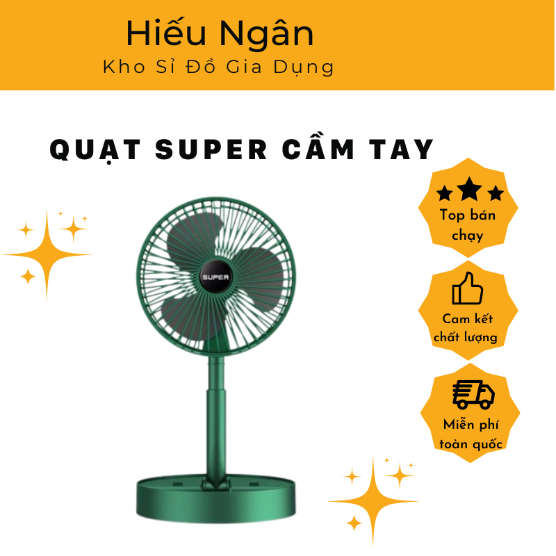 Quạt SUPER cầm tay sạc pin gấp gọn, quạt mini usb xoay 180 độ tiện lợi, quạt tích điện mini 3 tốc độ gió làm mát.