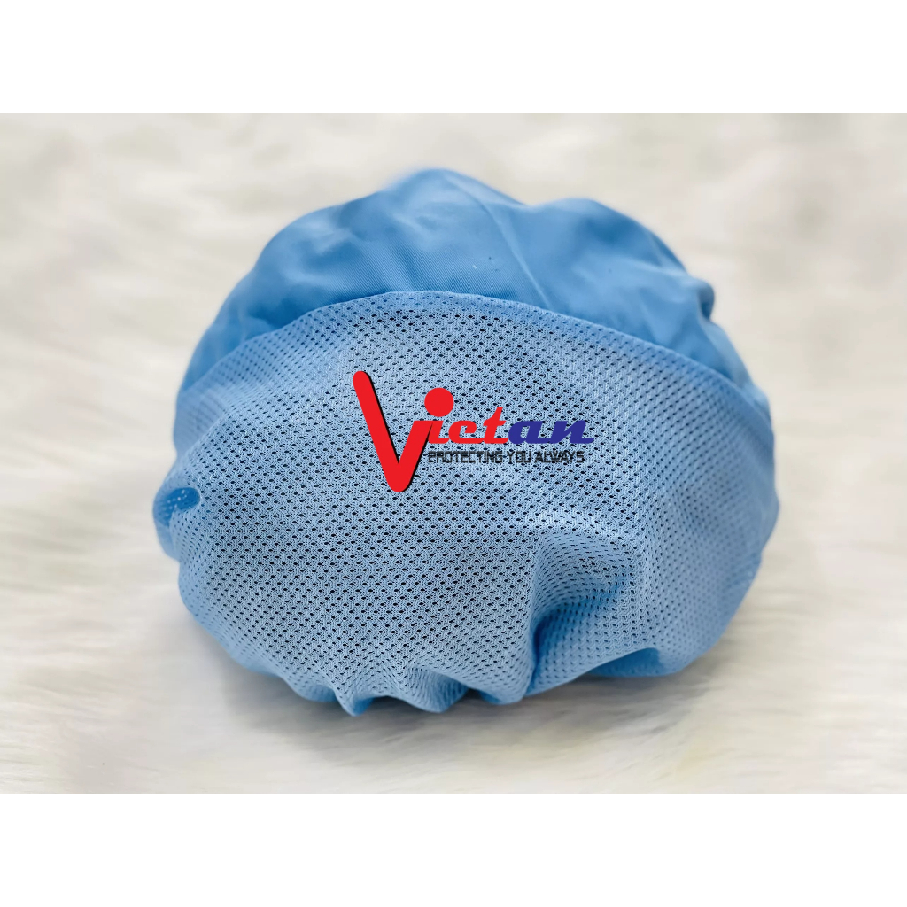 Nón xanh dương nhạt thủy sản phối lưới, nón trùm tóc dùng trong phòng sạch, mũ bảo hộ công nhân thực phẩm