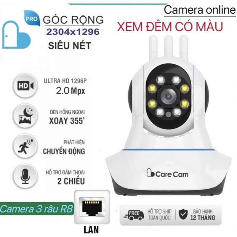 Camera Wifi trong nhà xoay 360 độ CARECAM 3 râu R8 2.0MP Full HD 1080P, xoay theo chuyển động, XEM ĐÊM CÓ MÀU,đàm thoại
