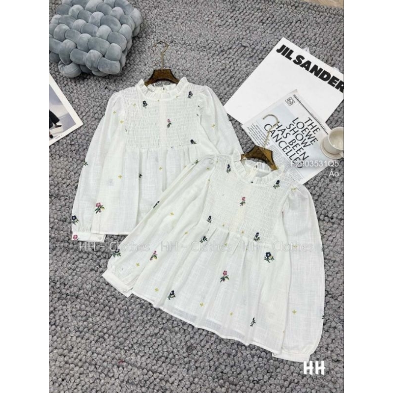 Áo nữ babydoll tay dài thêu hoa nhún chun ngực hàng QC! Q50323
