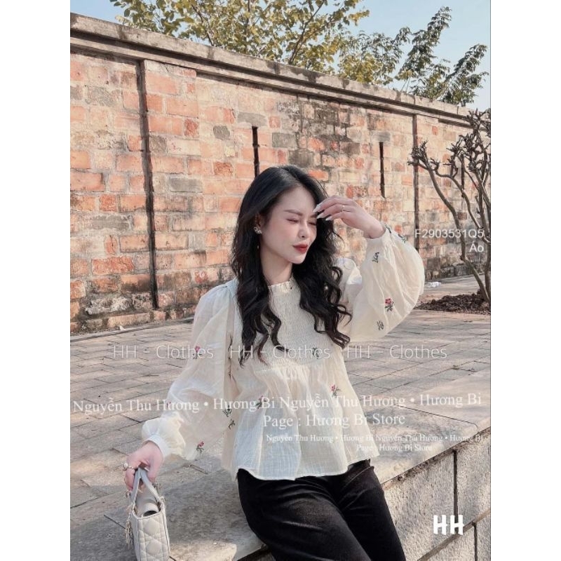 Áo nữ babydoll tay dài thêu hoa nhún chun ngực hàng QC! Q50323