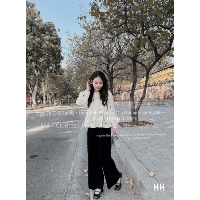 Áo nữ babydoll tay dài thêu hoa nhún chun ngực hàng QC! Q50323