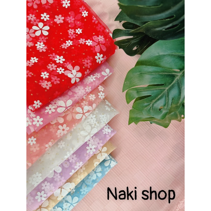 [ VẢI NAKI ] Vải lưới Hoa hoạ tiết xinh xắn lên đầm váy công chúa, phụ kiển cột tóc khổ 1,5m