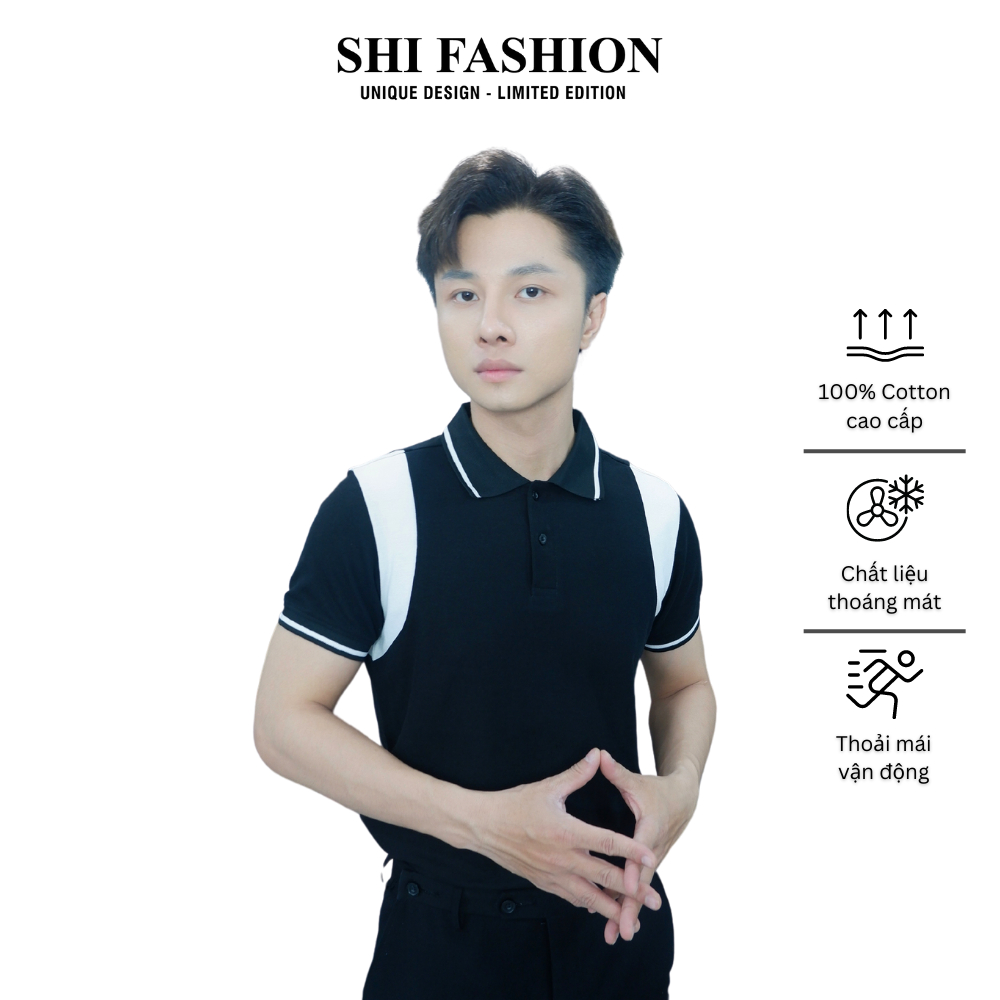 Áo polo nam tay ngắn có cổ đen phối vai trắng năng động, thể thao chất liệu cotton thoáng mát | Shi Fashion