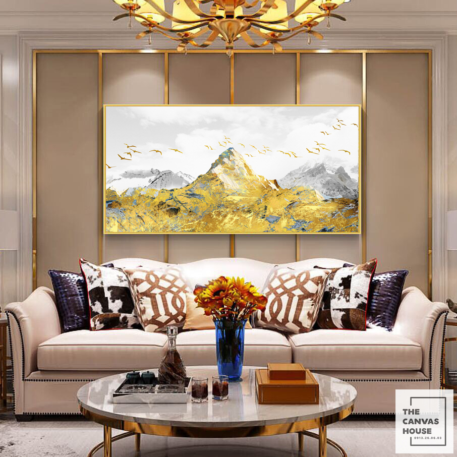 Tranh in Canvas Dãy Núi Vàng & Đàn Chim (Hình thật tại xưởng - Đã có khung, móc, đinh treo) - The Canvas House