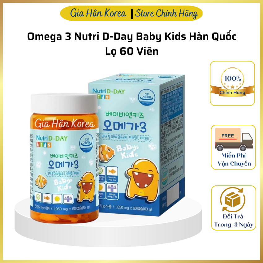 Omega 3 Nutri D-Day Baby Kids Hàn Quốc, Lọ 60 Viên, Kẹo Cá Vị Cam Dễ Ăn, Giúp Con Thông Minh, Mắt Sáng