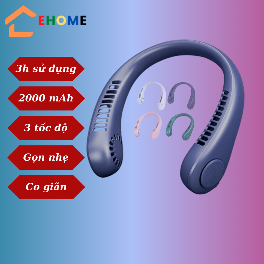 Quạt mini đeo cổ không cánh quạt quảng cổ sạc tích điện dung lượng 2000mAh dành cho văn phòng và sinh viên ngoài trời