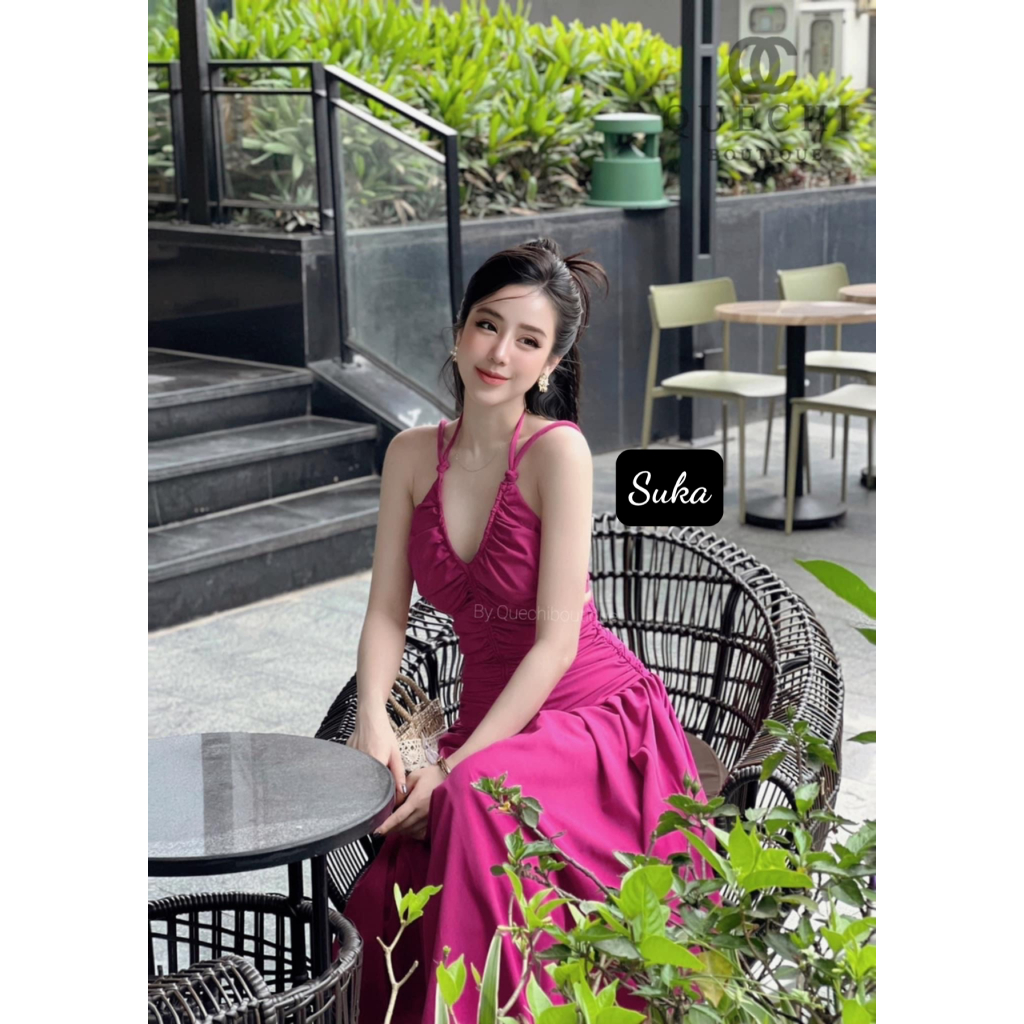 Đầm váy cổ yếm buộc dây dáng dài đi dự tiệc cưới đi chơi du lịch biển thời trang thiết kế nữ tính vai trần gợi cảm LEVAN
