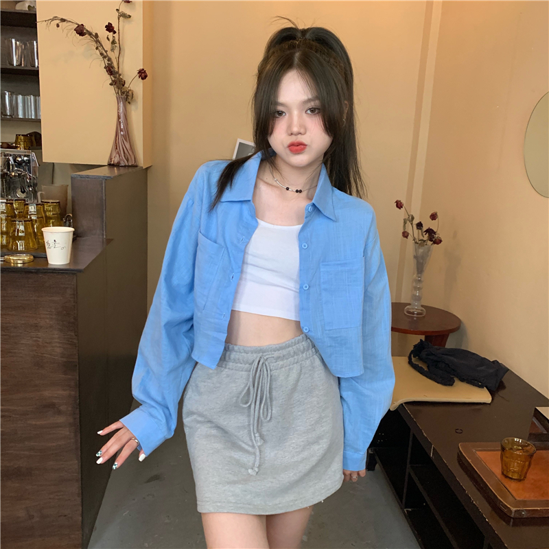 Áo sơ mi kiểu croptop Tay dài nữ Form rộng Hàn Quốc Sơ mi nữ kiểu Dáng lửng cộc Dài tay Thiết kế UlzzangThời trang