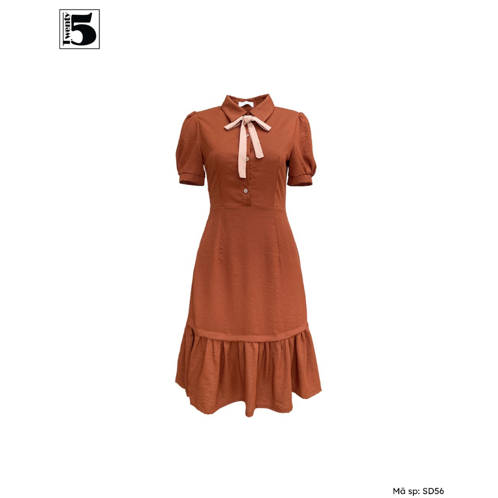 Đầm váy công sở cổ sơ mi thắt nơ bèo đuôi cá vải đũi mát Twentyfive SD56