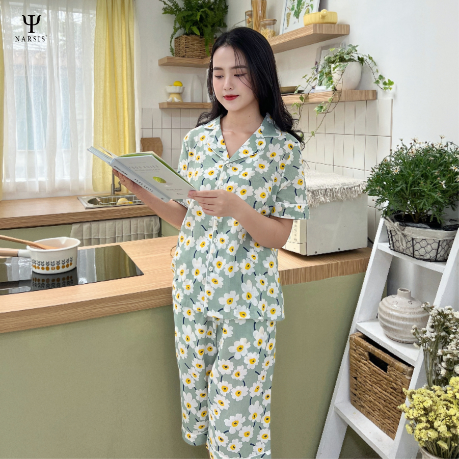 Bộ pijama nữ cộc tay đồ ngủ mặc nhà Narsis M23002 bigsize quần lửng họa tiết hoa cao cấp mùa hè