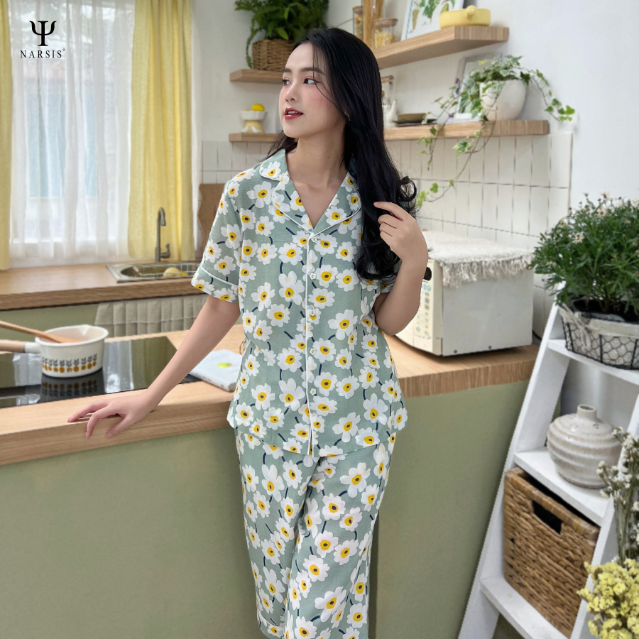 Bộ pijama nữ cộc tay đồ ngủ mặc nhà Narsis M23002 bigsize quần lửng họa tiết hoa cao cấp mùa hè