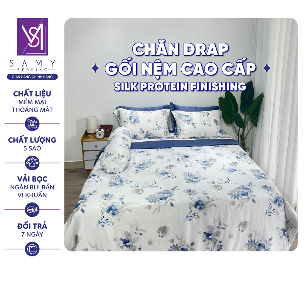 Bộ Chăn Ga Gối Lụa Tencel Coolsilk SAMY BEDDING Cao Cấp Mềm Mịn Thoáng Mát Màu Trắng Xanh Sang Trọng