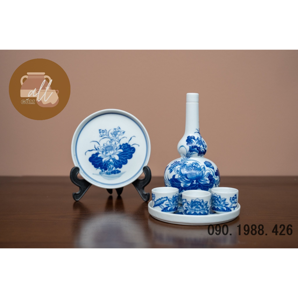 Bộ nậm 3 chén/5 chén phong thủy vẽ sen men trắng bày ban thờ cúng tổ tiên sứ Bát Tràng loại đẹp