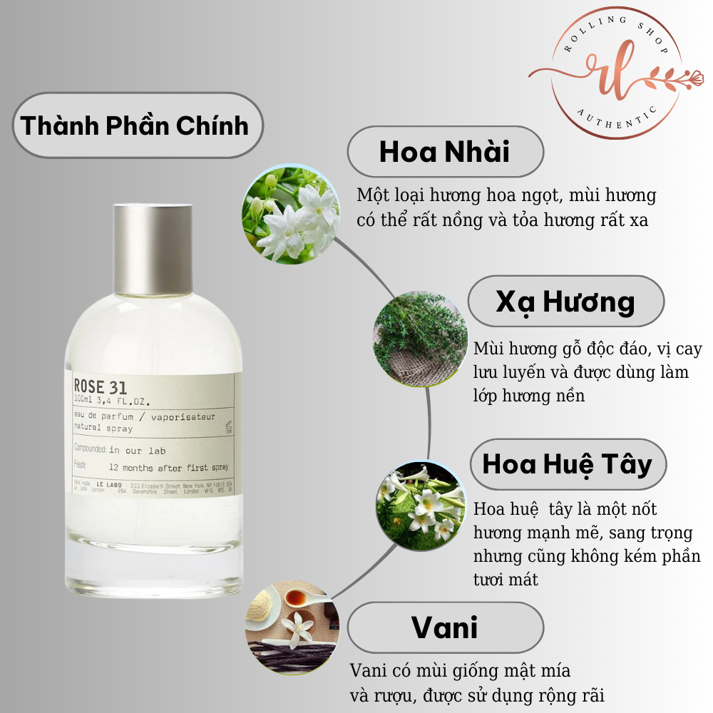 Nước hoa unisex Lelabo Rose 31 chiết 10ml Bí ẩn, Sang trọng, Ngọt Ngào - Rolling Shop
