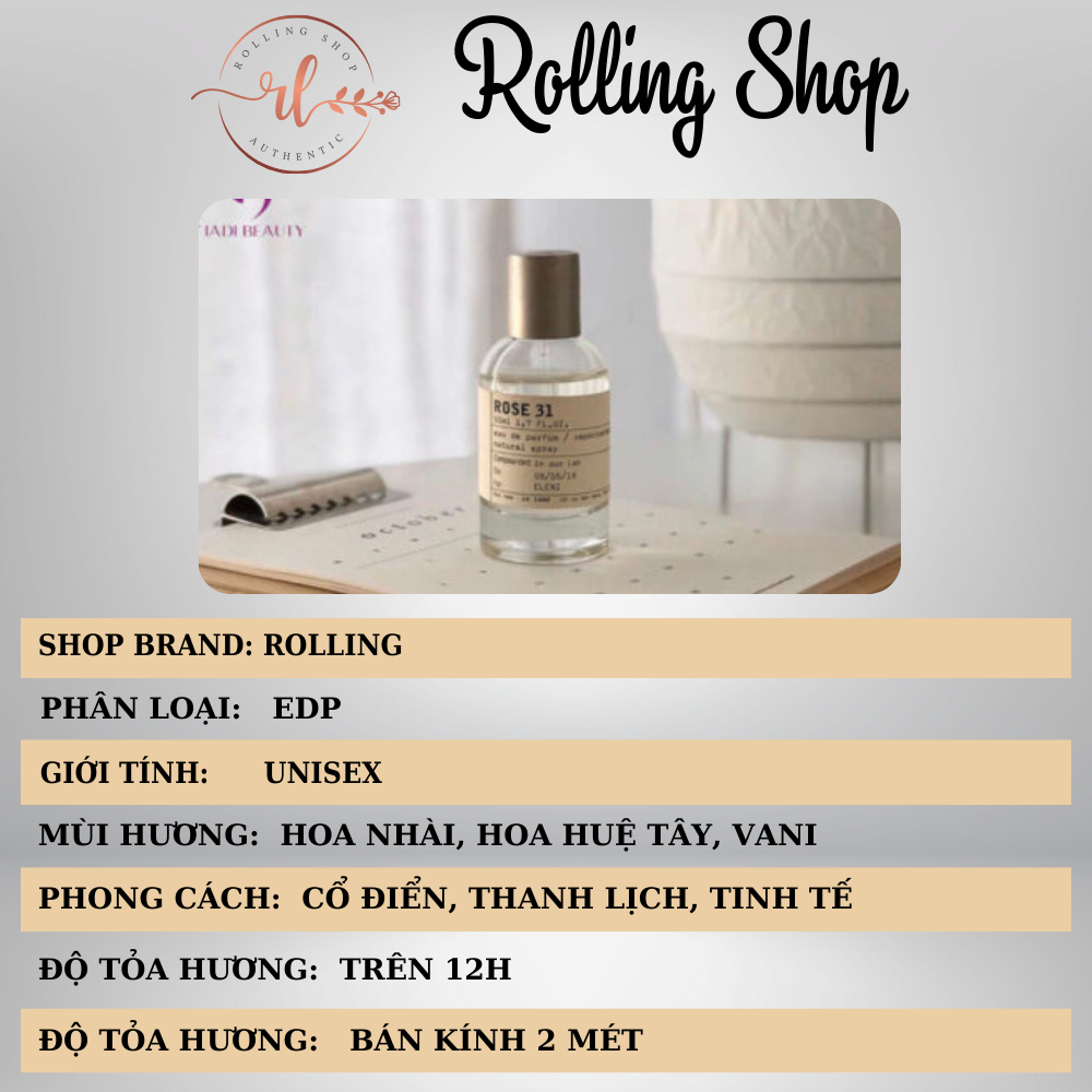 Nước hoa unisex Lelabo Rose 31 chiết 10ml Bí ẩn, Sang trọng, Ngọt Ngào - Rolling Shop