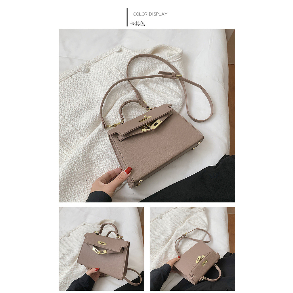 Túi xách nữ da sần dáng hm đeo chéo khóa vàng thời trang  đi chơi xách tay đi làm 2 màu đen kaki size 21