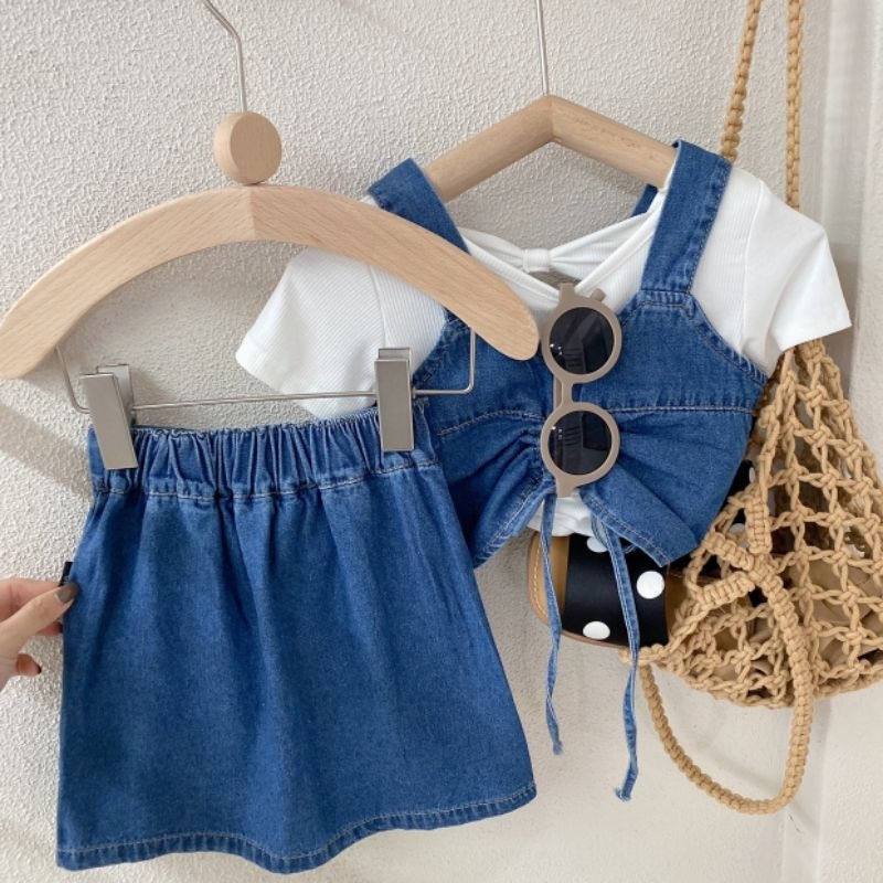 Set Váy Jean Áo Hai Dây Bé Gái Phong Cách Hàn Quốc Cá Tính, không kèm áo trắng