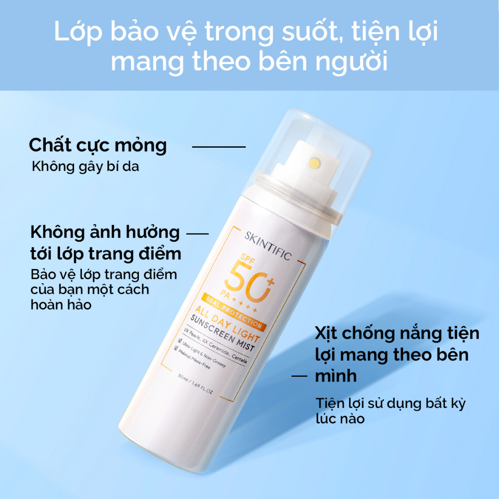 Xịt chống nắng SPF50 PA++++ SKINTIFIC 50ml (đơn lẻ)