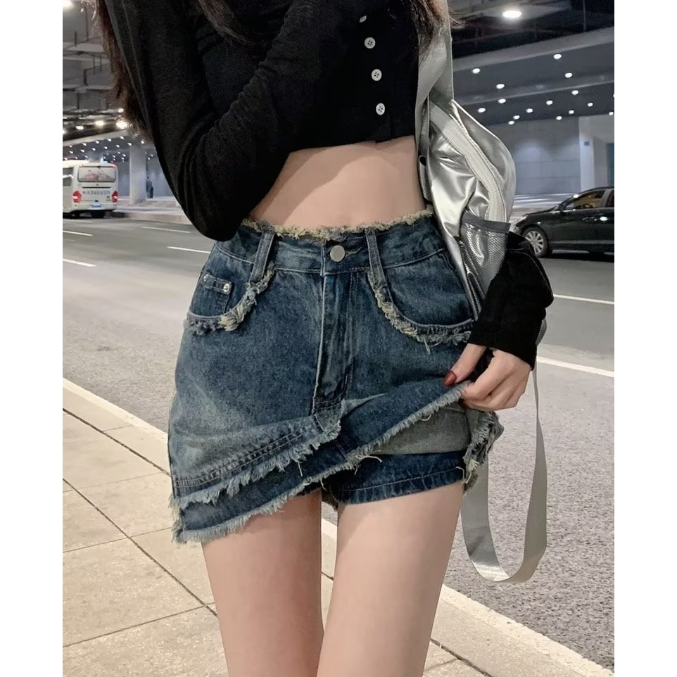 Phiên bản Hàn Quốc của tất cả các trận đấu denim ngắn nửa eo váy chữ A eo cao mới