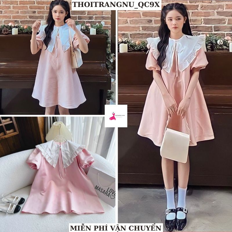 Váy thủy thủ bánh bèo phối cổ nhún tiểu thư dễ thương, Đầm babydoll dự tiệc ulzzang hàn quốc màu hồng THOITRANGNU_QC9X