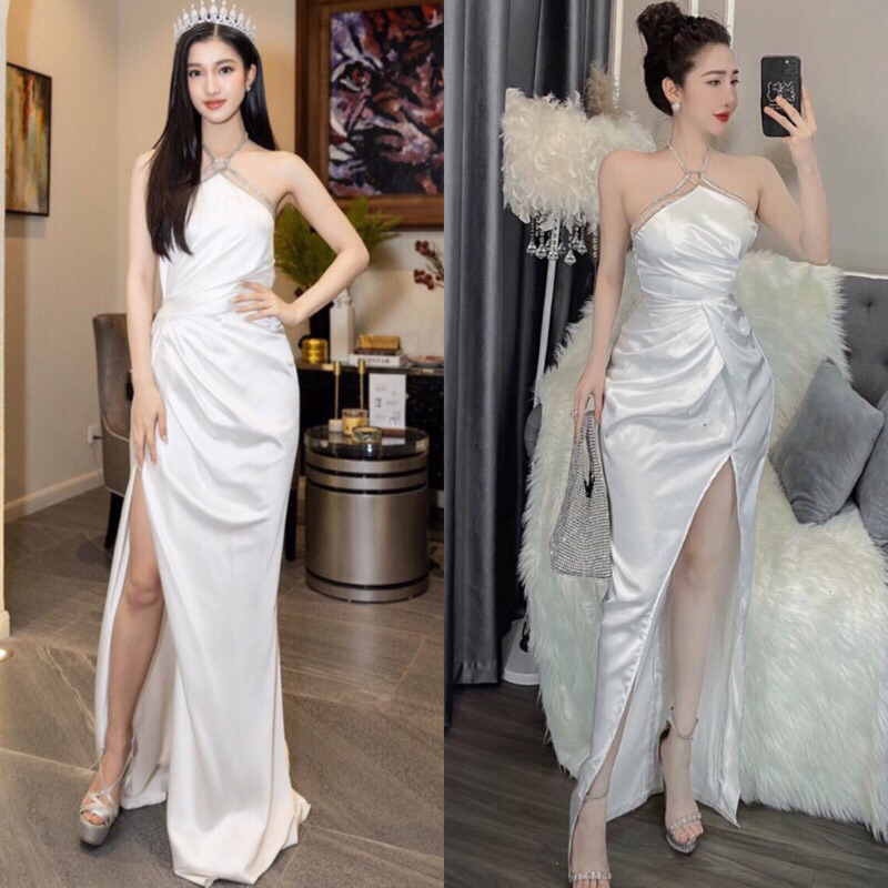 Đầm dạ hội cổ yếm đính dây kim sa cao cấp
