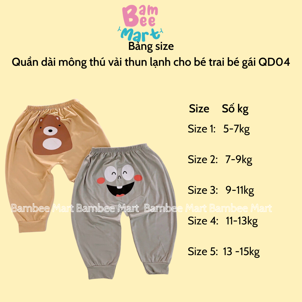 Quần dài thun lạnh màu trơn mông thú cho bé trai bé gái QD4