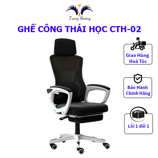 Ghế Công Thái Học, CTH-02 Bảo Vệ Cột Sống - Có Tựa Đầu - Tựa Lưng Lưới - Gác Chân