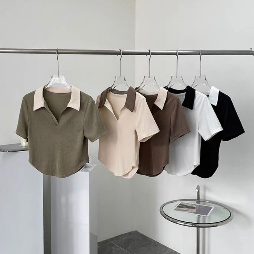 Áo thun tăm Croptop nữ cổ Polo phối viền Form ôm vạt bầu