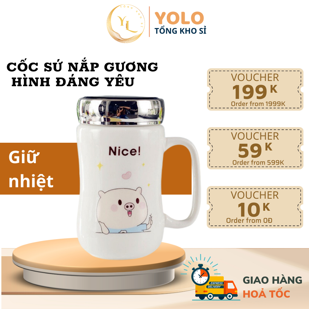 Cốc sứ giữ nhiệt nắp gương nhiều hình dễ thương, Ly sứ giữ nhiệt CS01