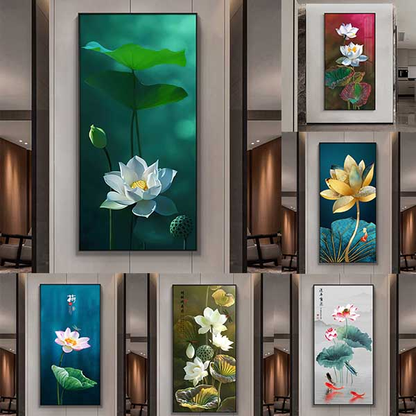 Tranh hoa sen treo tường chất liệu canvas nhiều mẫu đã gồm khung tặng kèm đinh treo decor trang trí tường lối vào