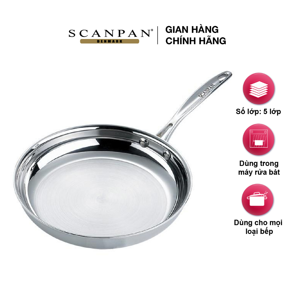 Chảo inox 5 lớp cao cấp đúc liền, đáy từ Scanpan Fusion5 20/24/26/28cm 74002000/74002400/74002600/74002800, inox 304