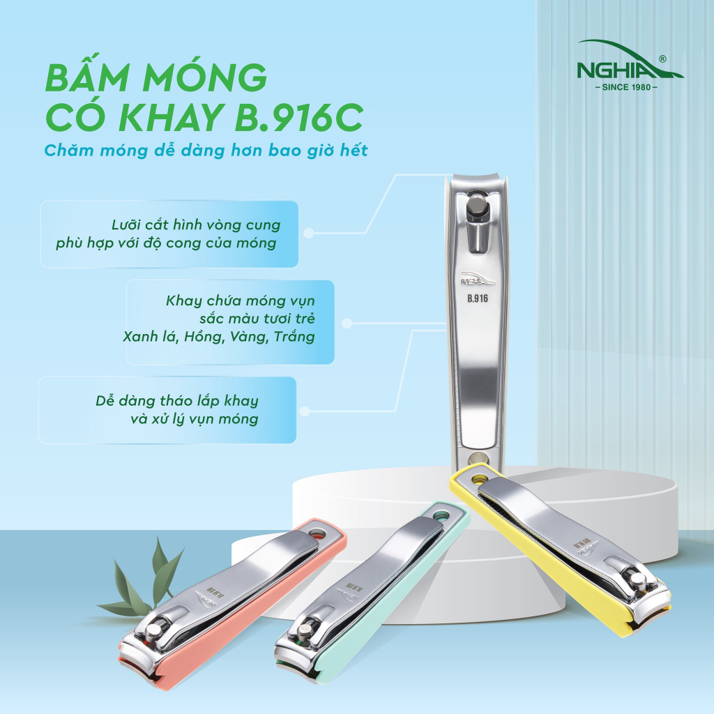 Bấm Móng Có Khay Thép Carbon Chuyên Dụng KỀM NGHĨA B.916C - Lưỡi Cong (Loại Lớn)