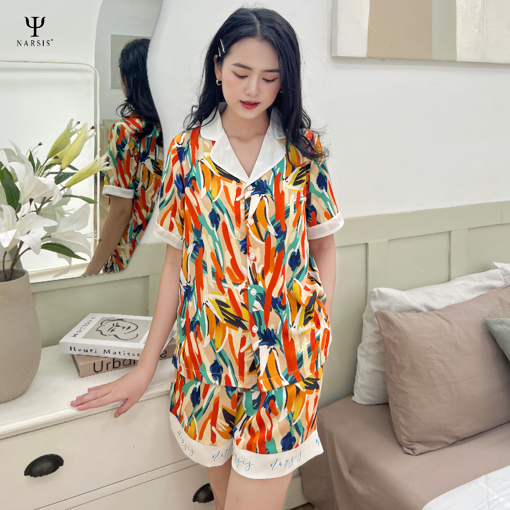 Bộ đồ pijama lụa nữ ngắn tay mặc nhà mùa hè Narsis M23003 big size quần đùi họa tiết phối nhiều màu cao cấp