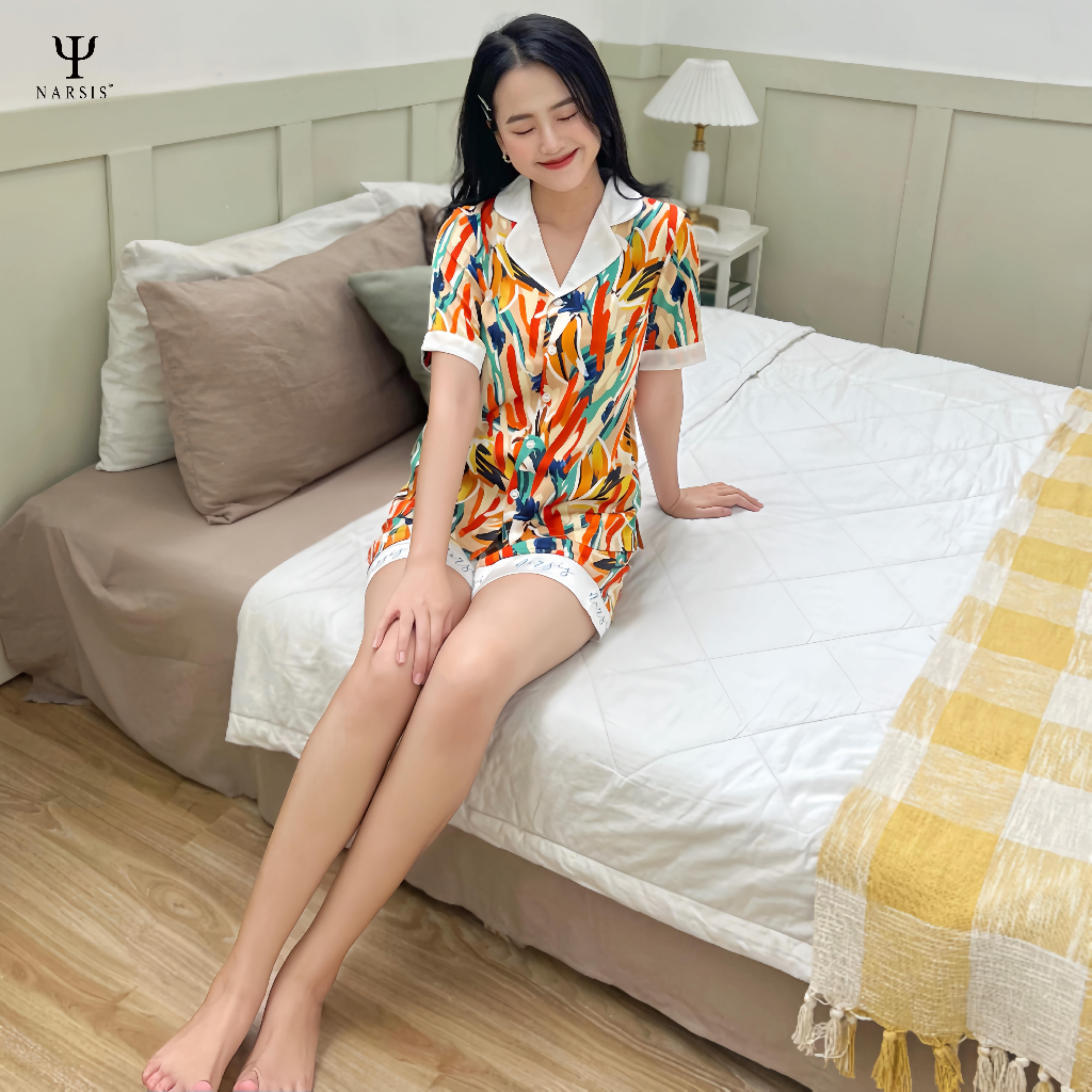 Bộ đồ pijama lụa nữ ngắn tay mặc nhà mùa hè Narsis M23003 big size quần đùi họa tiết phối nhiều màu cao cấp