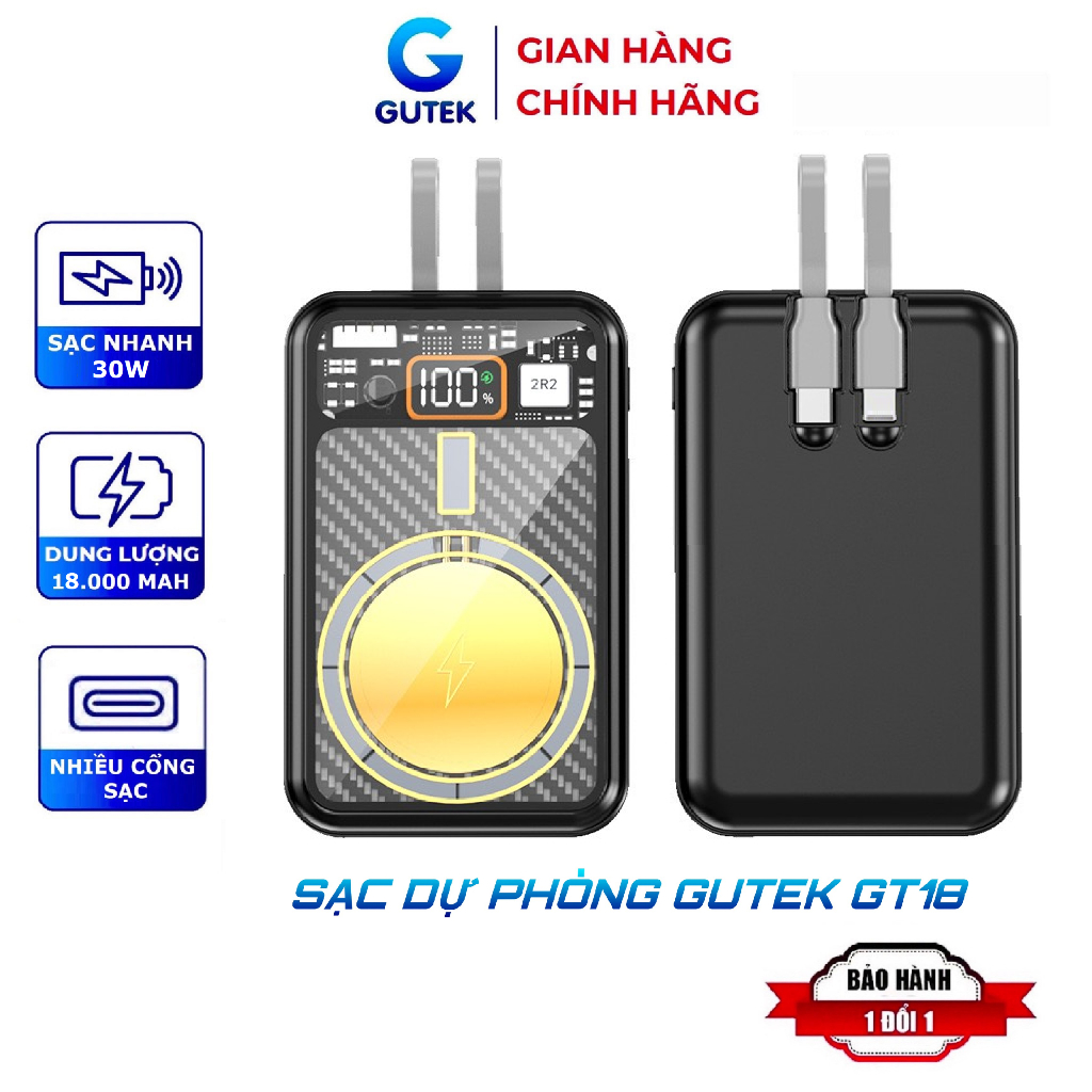 Sạc dự phòng không dây Gutek GT18 nạp nhanh PD 30W pin 18000mah kèm cáp nhiều cổng cắm